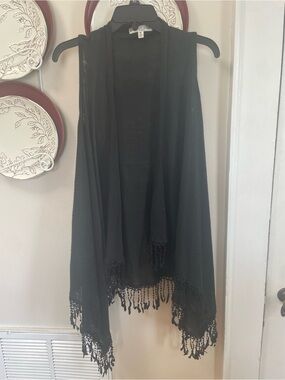 Stem & Vine Black Open Front Fringe Vest